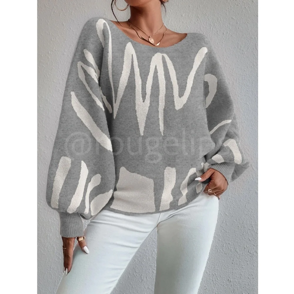 Knit Graphic Pullover Sweater Off White Grey Bishop Sleeve - Picture 3 of 10